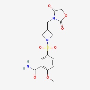 molecular formula C15H17N3O7S B2854610 5-((3-((2,4-二氧代恶唑烷-3-基)甲基)氮杂环丁-1-基)磺酰基)-2-甲氧基苯甲酰胺 CAS No. 2034383-65-6