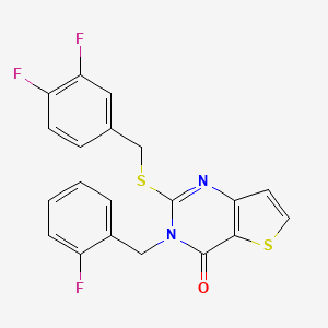 molecular formula C20H13F3N2OS2 B2854731 2-[(3,4-difluorobenzyl)sulfanyl]-3-(2-fluorobenzyl)thieno[3,2-d]pyrimidin-4(3H)-one CAS No. 1326827-80-8
