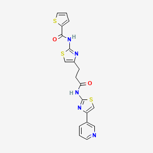 molecular formula C19H15N5O2S3 B2854820 N-(4-(3-oxo-3-((4-(pyridin-3-yl)thiazol-2-yl)amino)propyl)thiazol-2-yl)thiophene-2-carboxamide CAS No. 1334371-49-1
