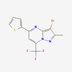 molecular formula C12H7BrF3N3S B2854825 3-Bromo-2-methyl-5-(thiophen-2-yl)-7-(trifluoromethyl)pyrazolo[1,5-a]pyrimidine CAS No. 478248-99-6