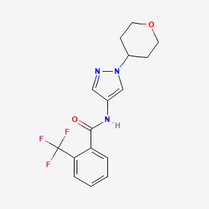 molecular formula C16H16F3N3O2 B2854851 N-(1-(tetrahydro-2H-pyran-4-yl)-1H-pyrazol-4-yl)-2-(trifluoromethyl)benzamide CAS No. 1448034-23-8