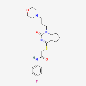 molecular formula C22H27FN4O3S B2854895 N-(4-fluorophenyl)-2-((1-(3-morpholinopropyl)-2-oxo-2,5,6,7-tetrahydro-1H-cyclopenta[d]pyrimidin-4-yl)thio)acetamide CAS No. 898444-92-3