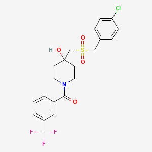 molecular formula C21H21ClF3NO4S B2854940 (4-{[(4-Chlorobenzyl)sulfonyl]methyl}-4-hydroxypiperidino)[3-(trifluoromethyl)phenyl]methanone CAS No. 866019-54-7
