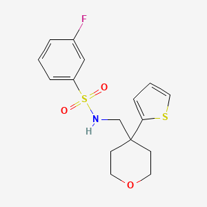 molecular formula C16H18FNO3S2 B2854964 3-fluoro-N-((4-(thiophen-2-yl)tetrahydro-2H-pyran-4-yl)methyl)benzenesulfonamide CAS No. 1203354-56-6