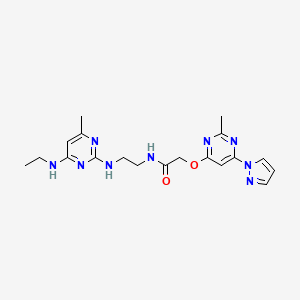 molecular formula C19H25N9O2 B2855000 N-(2-((4-(ethylamino)-6-methylpyrimidin-2-yl)amino)ethyl)-2-((2-methyl-6-(1H-pyrazol-1-yl)pyrimidin-4-yl)oxy)acetamide CAS No. 1421509-70-7