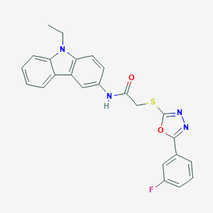 molecular formula C24H19FN4O2S B285505 N-(9-ethyl-9H-carbazol-3-yl)-2-{[5-(3-fluorophenyl)-1,3,4-oxadiazol-2-yl]sulfanyl}acetamide 