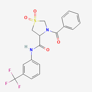 molecular formula C18H15F3N2O4S B2855093 3-benzoyl-N-(3-(trifluoromethyl)phenyl)thiazolidine-4-carboxamide 1,1-dioxide CAS No. 1048699-83-7