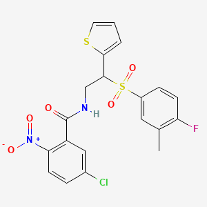 molecular formula C20H16ClFN2O5S2 B2855096 5-chloro-N-(2-((4-fluoro-3-methylphenyl)sulfonyl)-2-(thiophen-2-yl)ethyl)-2-nitrobenzamide CAS No. 923172-28-5
