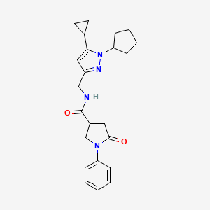 molecular formula C23H28N4O2 B2855141 N-((1-cyclopentyl-5-cyclopropyl-1H-pyrazol-3-yl)methyl)-5-oxo-1-phenylpyrrolidine-3-carboxamide CAS No. 1797824-30-6