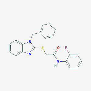 molecular formula C22H18FN3OS B285515 2-[(1-benzyl-1H-benzimidazol-2-yl)sulfanyl]-N-(2-fluorophenyl)acetamide 