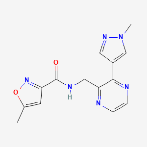 molecular formula C14H14N6O2 B2855173 5-methyl-N-((3-(1-methyl-1H-pyrazol-4-yl)pyrazin-2-yl)methyl)isoxazole-3-carboxamide CAS No. 2034370-34-6