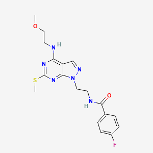 molecular formula C18H21FN6O2S B2855301 4-fluoro-N-(2-(4-((2-methoxyethyl)amino)-6-(methylthio)-1H-pyrazolo[3,4-d]pyrimidin-1-yl)ethyl)benzamide CAS No. 941941-94-2