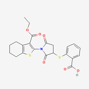 molecular formula C22H21NO6S2 B2855305 2-({1-[3-(Ethoxycarbonyl)-4,5,6,7-tetrahydro-1-benzothiophen-2-yl]-2,5-dioxopyrrolidin-3-yl}sulfanyl)benzoic acid CAS No. 302804-33-7