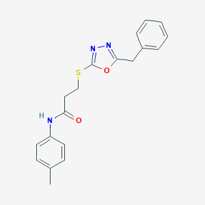 molecular formula C19H19N3O2S B285531 3-[(5-benzyl-1,3,4-oxadiazol-2-yl)sulfanyl]-N-(4-methylphenyl)propanamide 