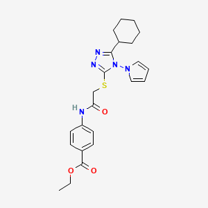 molecular formula C23H27N5O3S B2855347 ethyl 4-[({[5-cyclohexyl-4-(1H-pyrrol-1-yl)-4H-1,2,4-triazol-3-yl]sulfanyl}acetyl)amino]benzoate CAS No. 896312-27-9