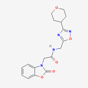 molecular formula C17H18N4O5 B2855366 2-(2-oxobenzo[d]oxazol-3(2H)-yl)-N-((3-(tetrahydro-2H-pyran-4-yl)-1,2,4-oxadiazol-5-yl)methyl)acetamide CAS No. 2034227-42-2