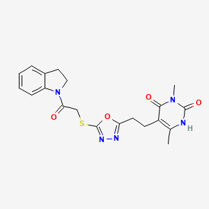 molecular formula C20H21N5O4S B2855373 5-(2-(5-((2-(indolin-1-yl)-2-oxoethyl)thio)-1,3,4-oxadiazol-2-yl)ethyl)-3,6-dimethylpyrimidine-2,4(1H,3H)-dione CAS No. 1170144-03-2