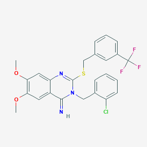 molecular formula C25H21ClF3N3O2S B2855377 3-(2-chlorobenzyl)-6,7-dimethoxy-2-{[3-(trifluoromethyl)benzyl]sulfanyl}-4(3H)-quinazolinimine CAS No. 860610-62-4