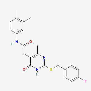 molecular formula C22H22FN3O2S B2855394 N-(3,4-dimethylphenyl)-2-(2-((4-fluorobenzyl)thio)-4-methyl-6-oxo-1,6-dihydropyrimidin-5-yl)acetamide CAS No. 1171399-72-6