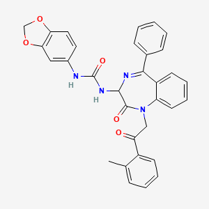 molecular formula C32H26N4O5 B2855431 (benzo[3,4-d]1,3-dioxolan-5-ylamino)-N-(2,5-diaza-2-(2-(2-methylphenyl)-2-oxoethyl)-3-oxo-6-phenylbicyclo[5.4.0]undeca-1(7),5,8,10-tetraen-4-yl)formamide CAS No. 1796921-88-4
