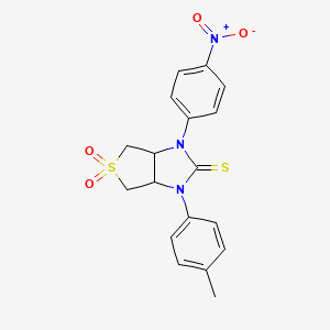 molecular formula C18H17N3O4S2 B2855443 1-(4-nitrophenyl)-3-(p-tolyl)tetrahydro-1H-thieno[3,4-d]imidazole-2(3H)-thione 5,5-dioxide CAS No. 946203-07-2