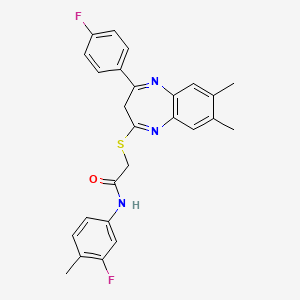 molecular formula C26H23F2N3OS B2855450 N-(3-fluoro-4-methylphenyl)-2-((4-(4-fluorophenyl)-7,8-dimethyl-3H-benzo[b][1,4]diazepin-2-yl)thio)acetamide CAS No. 1358616-12-2
