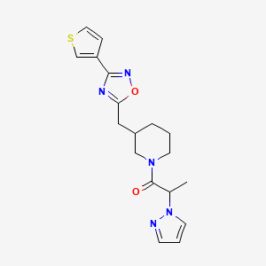 molecular formula C18H21N5O2S B2855480 2-(1H-pyrazol-1-yl)-1-(3-((3-(thiophen-3-yl)-1,2,4-oxadiazol-5-yl)methyl)piperidin-1-yl)propan-1-one CAS No. 1705743-68-5