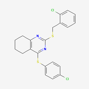 molecular formula C21H18Cl2N2S2 B2855507 2-[(2-Chlorophenyl)methylsulfanyl]-4-(4-chlorophenyl)sulfanyl-5,6,7,8-tetrahydroquinazoline CAS No. 339019-41-9