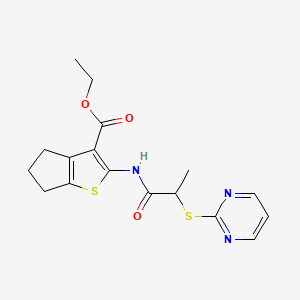 molecular formula C17H19N3O3S2 B2855519 ethyl 2-(2-(pyrimidin-2-ylthio)propanamido)-5,6-dihydro-4H-cyclopenta[b]thiophene-3-carboxylate CAS No. 403844-86-0