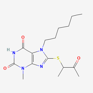 molecular formula C16H24N4O3S B2855541 7-hexyl-3-methyl-8-((3-oxobutan-2-yl)thio)-1H-purine-2,6(3H,7H)-dione CAS No. 488123-01-9