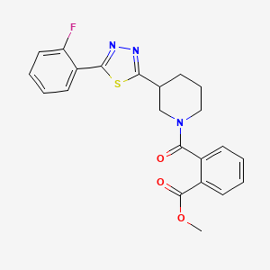 molecular formula C22H20FN3O3S B2855551 Methyl 2-(3-(5-(2-fluorophenyl)-1,3,4-thiadiazol-2-yl)piperidine-1-carbonyl)benzoate CAS No. 1219912-75-0