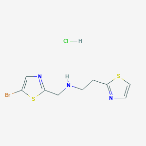 molecular formula C9H11BrClN3S2 B2855596 N-[(5-Bromo-1,3-thiazol-2-yl)methyl]-2-(1,3-thiazol-2-yl)ethanamine;hydrochloride CAS No. 2418705-53-8