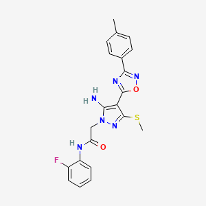 molecular formula C21H19FN6O2S B2855612 2-[5-amino-4-[3-(4-methylphenyl)-1,2,4-oxadiazol-5-yl]-3-(methylthio)-1H-pyrazol-1-yl]-N-(2-fluorophenyl)acetamide CAS No. 1242860-32-7