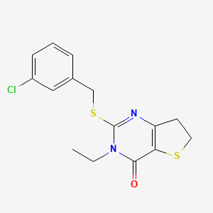 molecular formula C15H15ClN2OS2 B2855625 2-[(3-Chlorophenyl)methylsulfanyl]-3-ethyl-6,7-dihydrothieno[3,2-d]pyrimidin-4-one CAS No. 887225-41-4