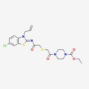 molecular formula C21H25ClN4O4S2 B2855657 (Z)-ethyl 4-(2-((2-((3-allyl-6-chlorobenzo[d]thiazol-2(3H)-ylidene)amino)-2-oxoethyl)thio)acetyl)piperazine-1-carboxylate CAS No. 851717-08-3