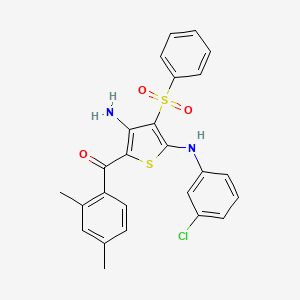 molecular formula C25H21ClN2O3S2 B2855676 (3-Amino-5-((3-chlorophenyl)amino)-4-(phenylsulfonyl)thiophen-2-yl)(2,4-dimethylphenyl)methanone CAS No. 1115562-30-5