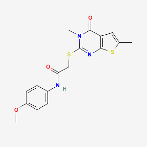 molecular formula C17H17N3O3S2 B2855681 2-(3,6-dimethyl-4-oxothieno[2,3-d]pyrimidin-2-yl)sulfanyl-N-(4-methoxyphenyl)acetamide CAS No. 878712-70-0