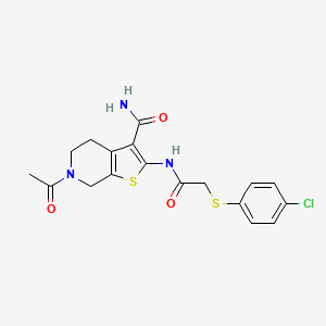 molecular formula C18H18ClN3O3S2 B2855699 6-Acetyl-2-(2-((4-chlorophenyl)thio)acetamido)-4,5,6,7-tetrahydrothieno[2,3-c]pyridine-3-carboxamide CAS No. 895472-01-2