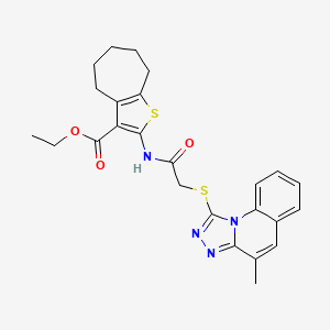 molecular formula C25H26N4O3S2 B2855758 ethyl 2-({[(4-methyl[1,2,4]triazolo[4,3-a]quinolin-1-yl)thio]acetyl}amino)-5,6,7,8-tetrahydro-4H-cyclohepta[b]thiophene-3-carboxylate CAS No. 671199-45-4