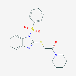 molecular formula C20H21N3O3S2 B285585 2-[1-(Benzenesulfonyl)benzimidazol-2-yl]sulfanyl-1-piperidin-1-ylethanone 