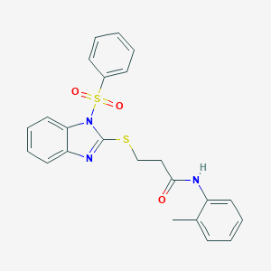 molecular formula C23H21N3O3S2 B285588 N-(2-methylphenyl)-3-{[1-(phenylsulfonyl)-1H-benzimidazol-2-yl]sulfanyl}propanamide 
