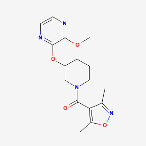 molecular formula C16H20N4O4 B2855880 (3,5-Dimethylisoxazol-4-yl)(3-((3-methoxypyrazin-2-yl)oxy)piperidin-1-yl)methanone CAS No. 2034480-56-1