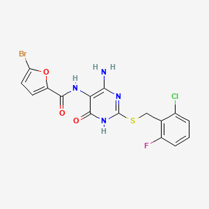 molecular formula C16H11BrClFN4O3S B2855900 N-(4-amino-2-((2-chloro-6-fluorobenzyl)thio)-6-oxo-1,6-dihydropyrimidin-5-yl)-5-bromofuran-2-carboxamide CAS No. 888434-88-6