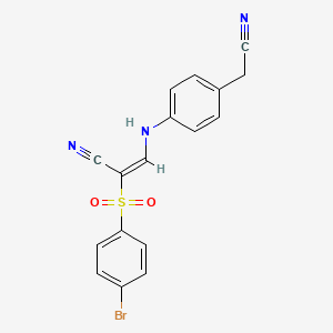 molecular formula C17H12BrN3O2S B2855918 2-((4-Bromophenyl)sulfonyl)-3-((4-(cyanomethyl)phenyl)amino)prop-2-enenitrile CAS No. 1025311-78-7