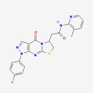 molecular formula C21H17FN6O2S B2855963 2-[6-(4-Fluorophenyl)-2-oxo-10-thia-1,5,6,8-tetrazatricyclo[7.3.0.03,7]dodeca-3(7),4,8-trien-12-yl]-N-(3-methylpyridin-2-yl)acetamide CAS No. 946256-02-6