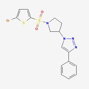 molecular formula C16H15BrN4O2S2 B2856026 1-(1-((5-溴噻吩-2-基)磺酰基)吡咯烷-3-基)-4-苯基-1H-1,2,3-三唑 CAS No. 2034310-81-9