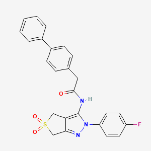 molecular formula C25H20FN3O3S B2856048 2-([1,1'-biphenyl]-4-yl)-N-(2-(4-fluorophenyl)-5,5-dioxido-4,6-dihydro-2H-thieno[3,4-c]pyrazol-3-yl)acetamide CAS No. 893935-82-5