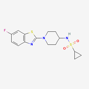 molecular formula C15H18FN3O2S2 B2856064 N-[1-(6-fluoro-1,3-benzothiazol-2-yl)piperidin-4-yl]cyclopropanesulfonamide CAS No. 2415491-29-9