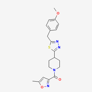 molecular formula C20H22N4O3S B2856081 (4-(5-(4-Methoxybenzyl)-1,3,4-thiadiazol-2-yl)piperidin-1-yl)(5-methylisoxazol-3-yl)methanone CAS No. 1171672-61-9