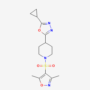 molecular formula C15H20N4O4S B2856082 2-Cyclopropyl-5-(1-((3,5-dimethylisoxazol-4-yl)sulfonyl)piperidin-4-yl)-1,3,4-oxadiazole CAS No. 1171332-51-6
